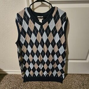 KING SIZE Argyle V Neck Sweater Vest Mens 2XL Tall Navy Blue Tan Cotton